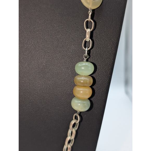 Vtg Green Brown Neutral Colors Stone & Glass Bead Silver Tone Chain Necklace - Picture 5 of 7